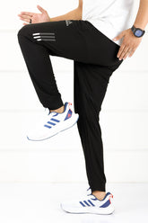 Adds Textured 3 Strip Line Poly Premium Sportswear Trouser in Black